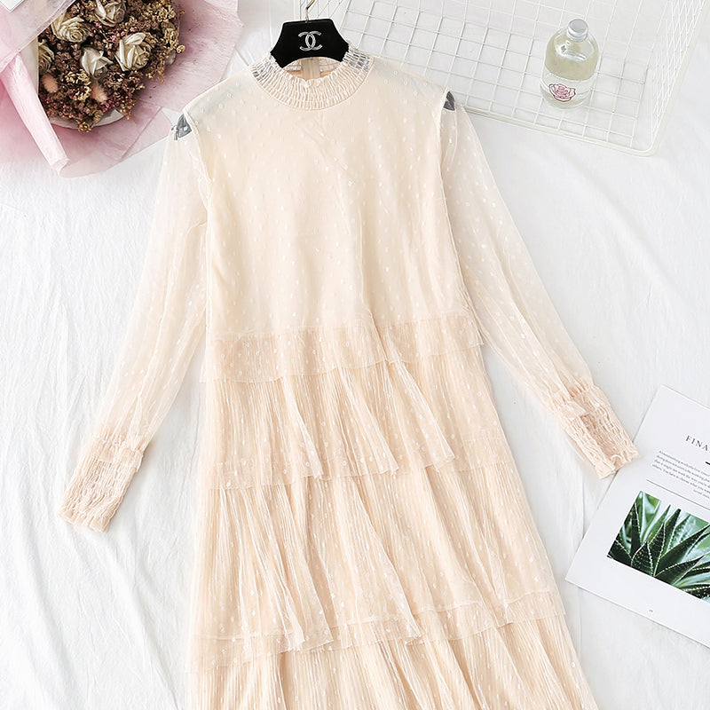 Japanese soft wind mesh cake bottomed long skirt  4494