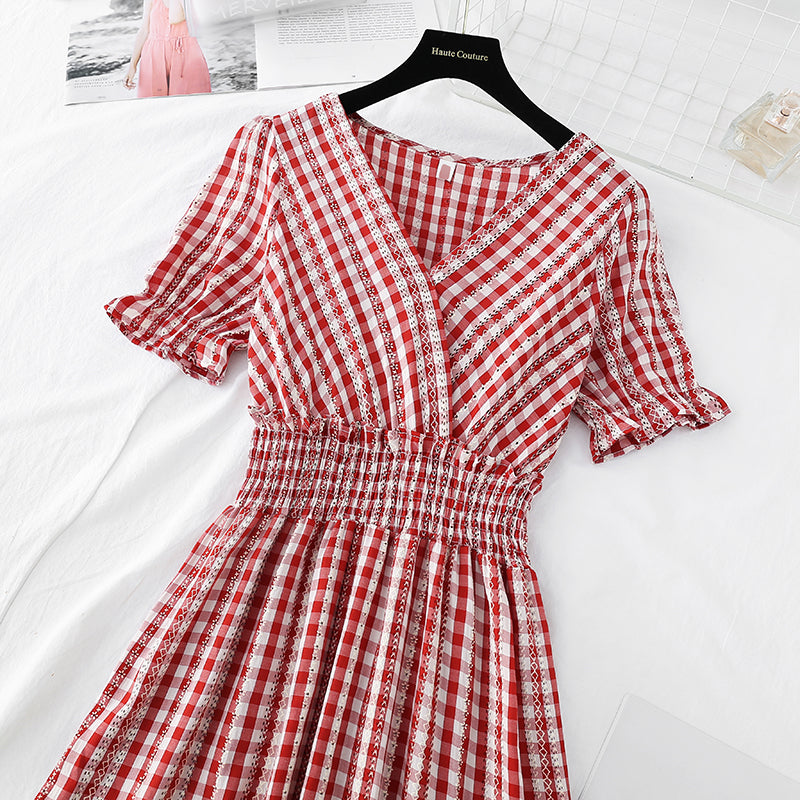Ruffle Sleeve Plaid temperament dress goddess style thin dress  4206