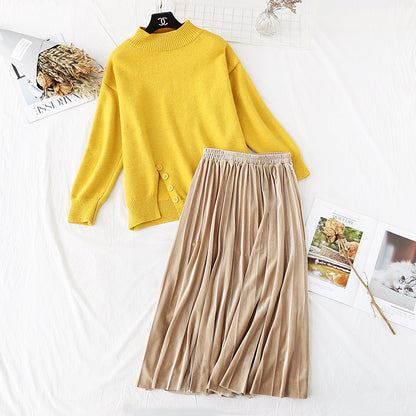 Split sweater + golden velvet skirt suit two-piece set  3977