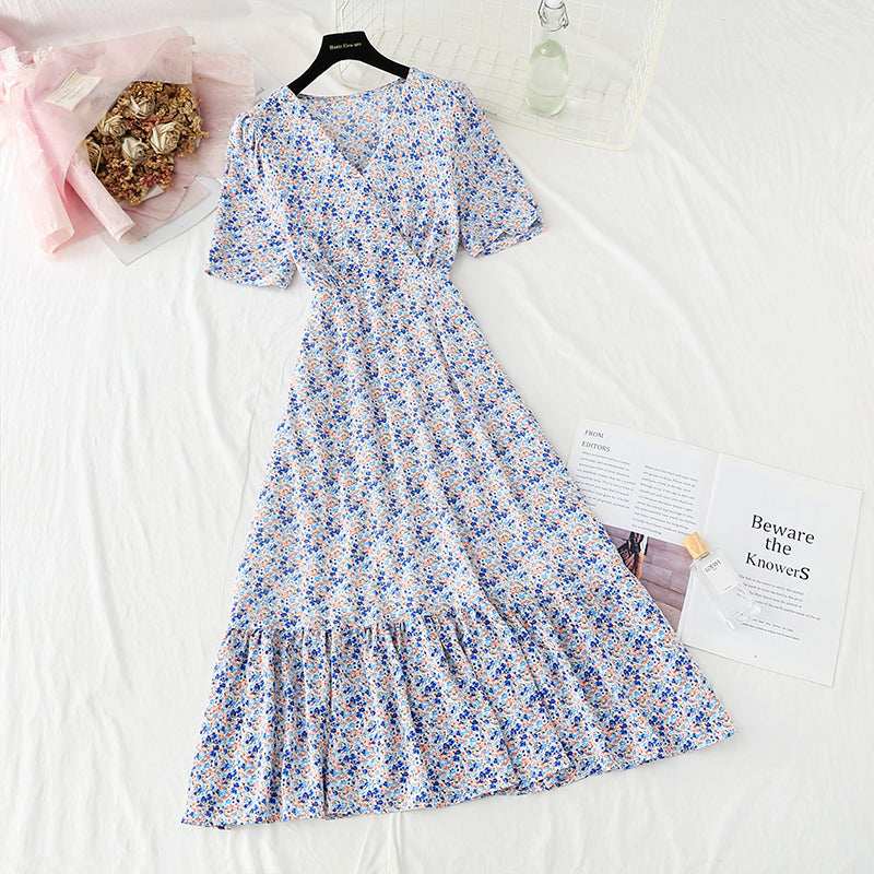 Floral Chiffon Dress gentle wind long skirt sweet V-neck  4859