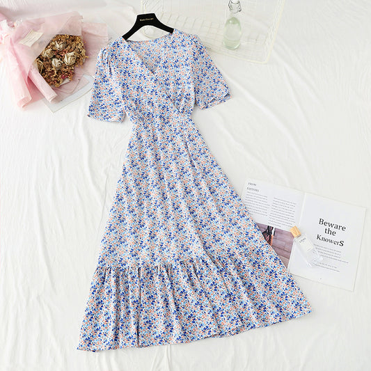 Floral Chiffon Dress gentle wind long skirt sweet V-neck  4859