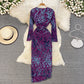 Slim, thin, split temperament, bronzed print V-neck dress  3767