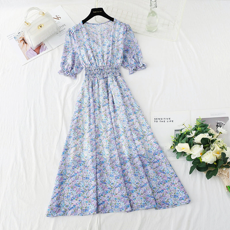 New French gentle V-neck Bubble Sleeve Chiffon fairy skirt  4876