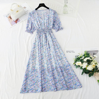 New French gentle V-neck Bubble Sleeve Chiffon fairy skirt  4876