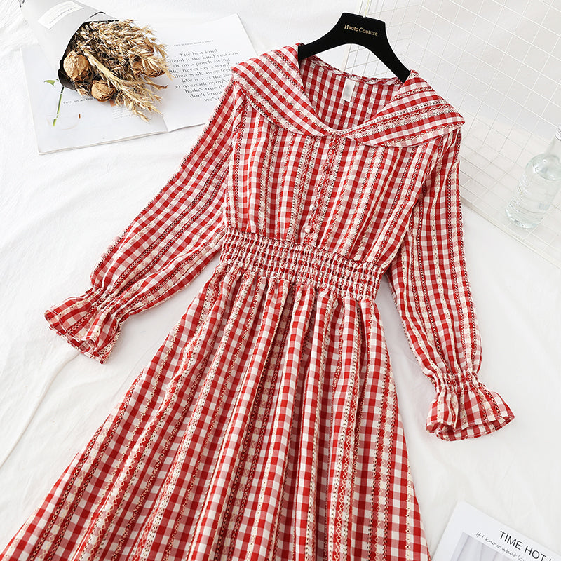 French retro Plaid Platycodon skirt shows thin temperament at the waist  4219