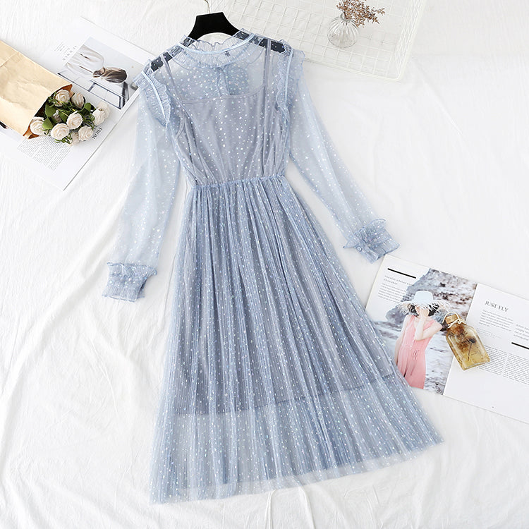 Fairy mesh dress French retro star Sequin dress  4354