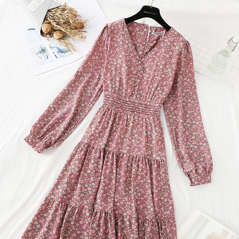 V-neck elastic waist covering belly, thin broken flower bottomed skirt  4057