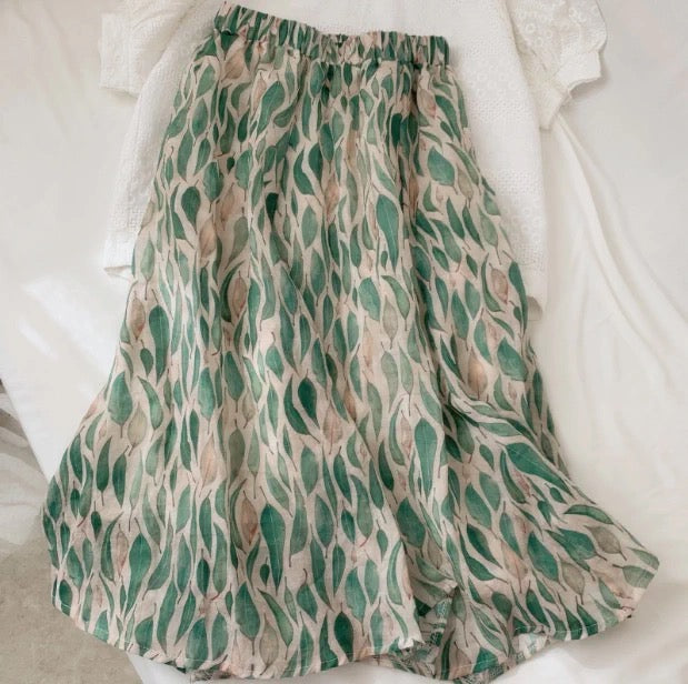 High sense ,Literary style, silk ramie, blended leaf printed A-line skirt  3635