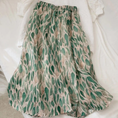 High sense ,Literary style, silk ramie, blended leaf printed A-line skirt  3635