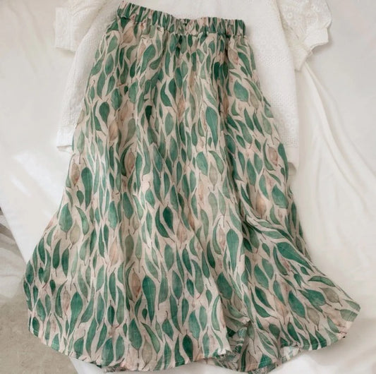 High sense ,Literary style, silk ramie, blended leaf printed A-line skirt  3635