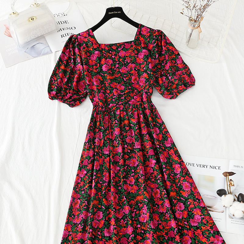 New French style square neck bubble sleeve waist closing slim skirt  4244