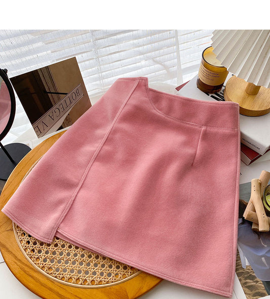 High waist irregular tweed skirt sweet solid color  5354