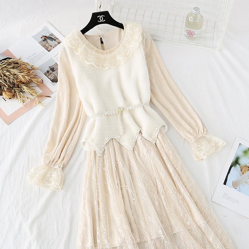 New mink vest sweater lace bottomed Skirt Set  4749