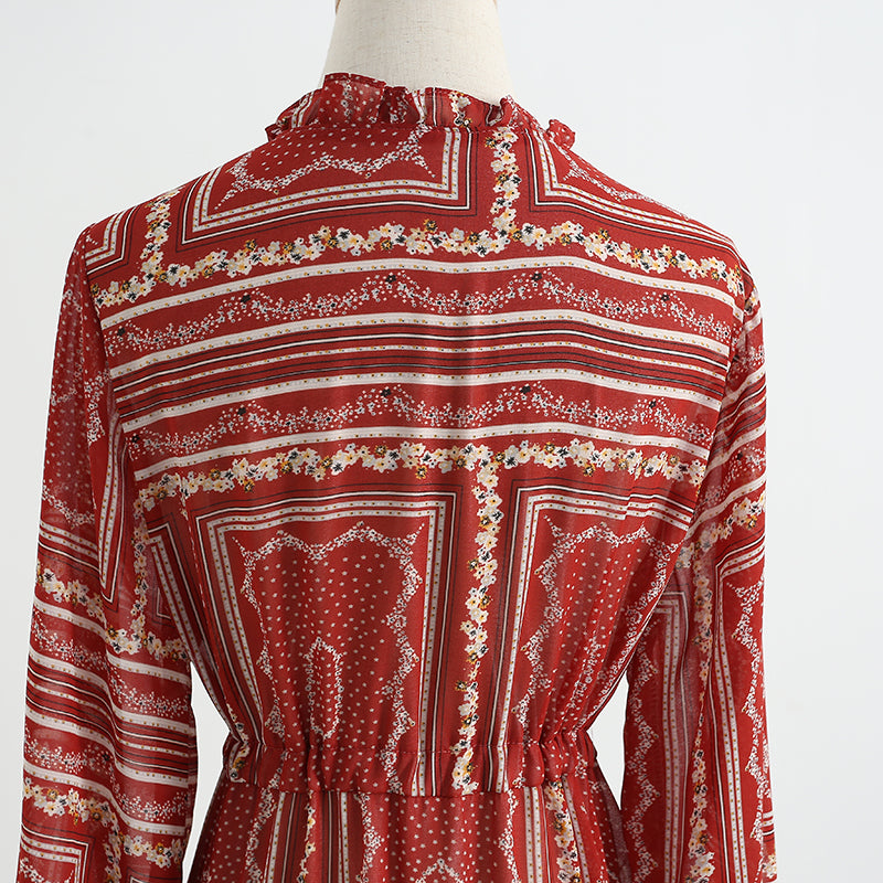 V-neck floral skirt elegant long sleeve dress  3739