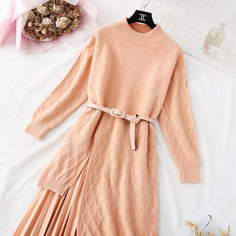 Ensemble deux pièces pull tricoté au genou et jupe plissée 3962