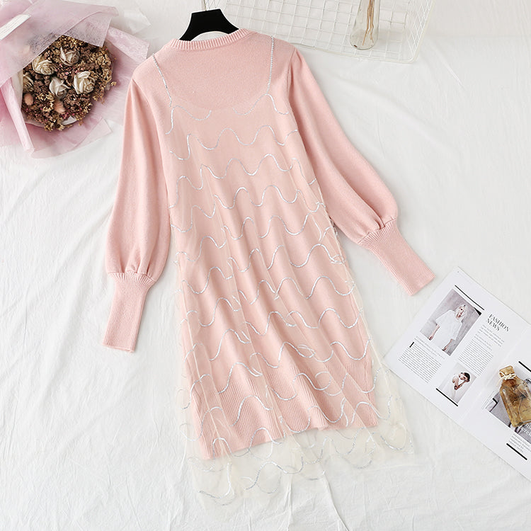 Knitted dress small Xiangfeng net red sweater suspender yarn skirt suit  4464