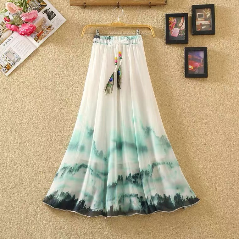 Summer, Bohemian midi skirts, chiffon skirts, vintage printed, elastic-waisted dresses  3636