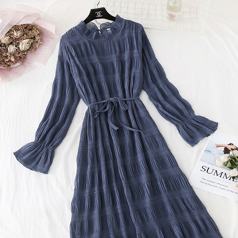 Slim Pleated Chiffon Dress French retro Platycodon skirt  4500