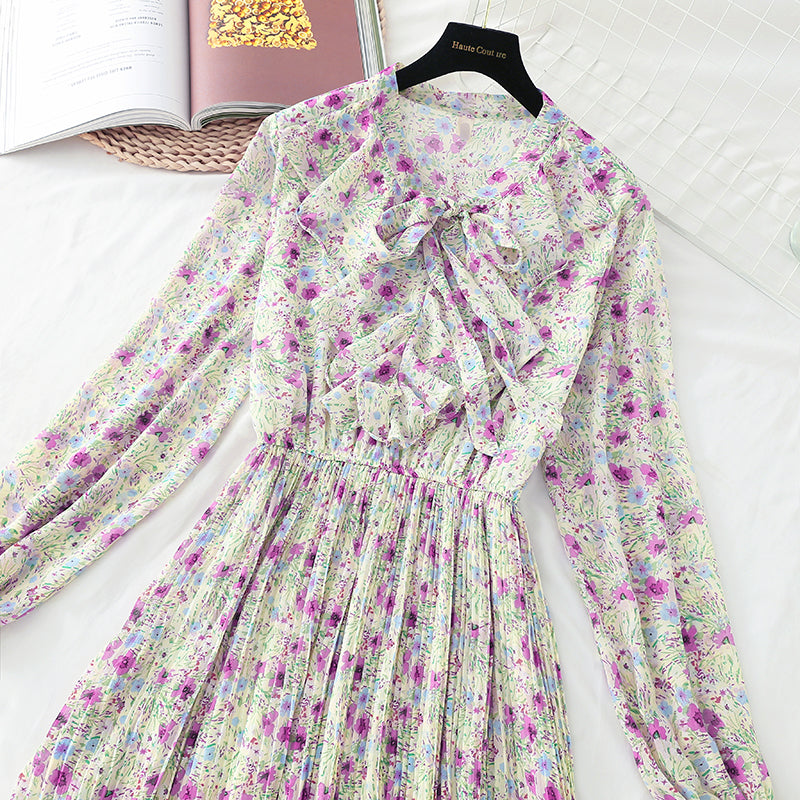 Broken Flower Chiffon pleated skirt with high and thin length over the knee  3878