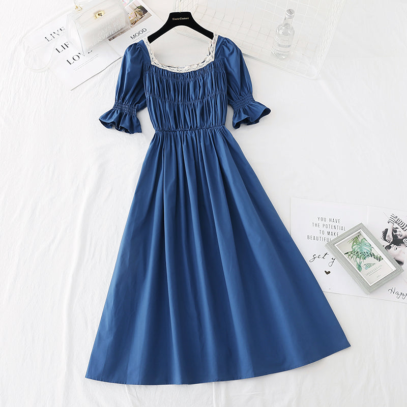 Close waist to show thin temperament square neck skirt French retro long skirt  4149