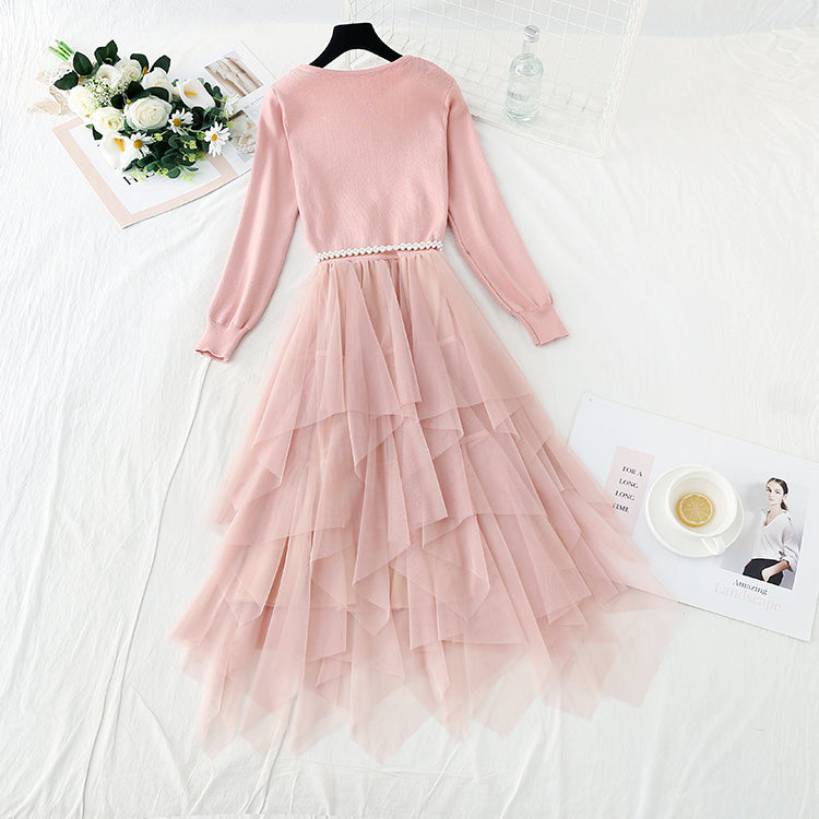 Mesh stitched irregular long skirt waist closing temperament gentle dress  3923