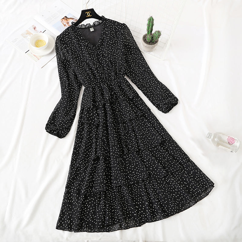 V-neck wave point Chiffon Dress  3730