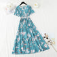 Cotton linen dress female V-neck floral dress waist  4245