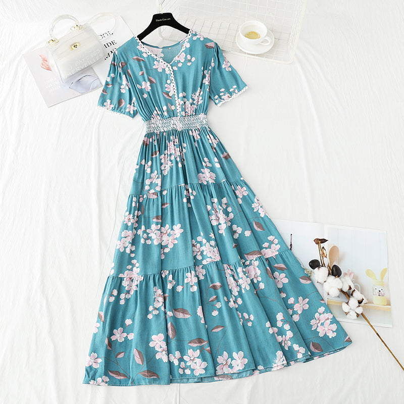 Cotton linen dress female V-neck floral dress waist  4245