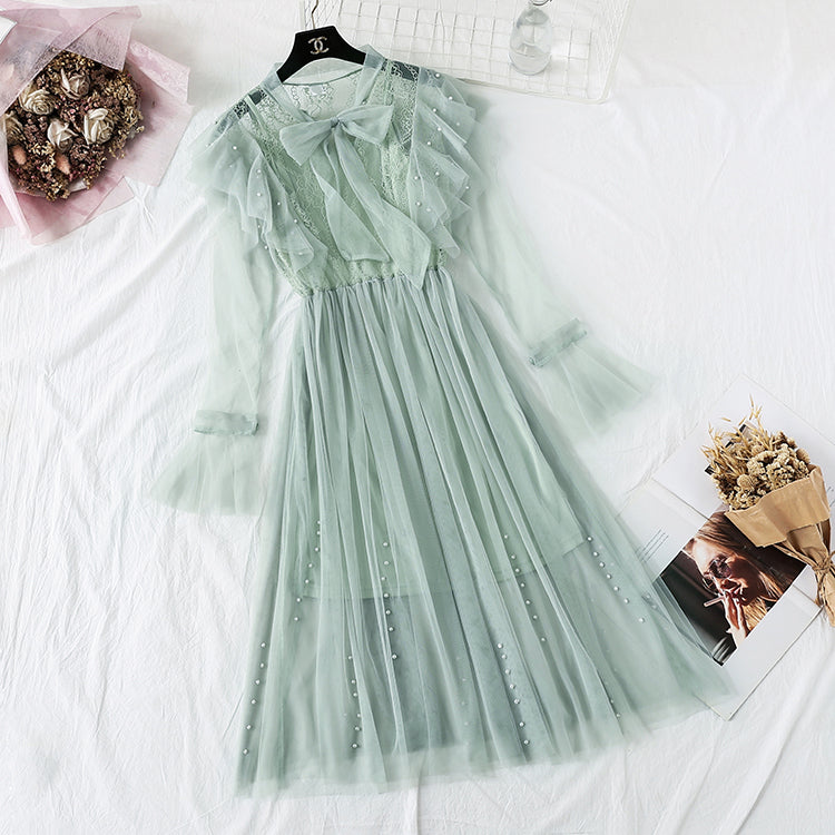 New nail bead lace up French retro super xiansen sweet skirt  4309