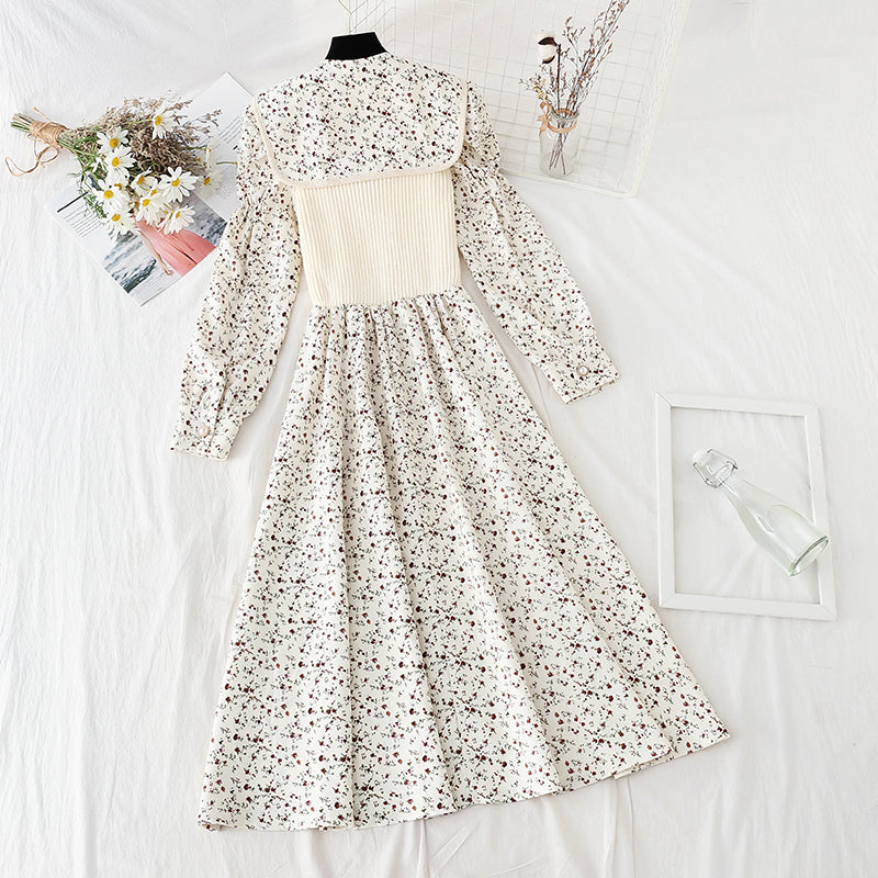 Lapel patchwork floral dress versatile aging skirt  4070