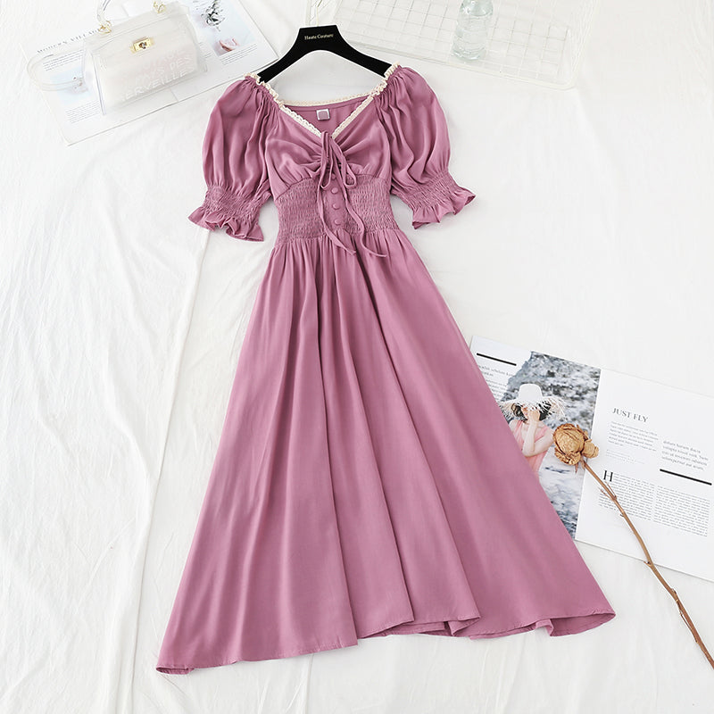 New style bubble sleeve length French retro skirt with slim waist  4218