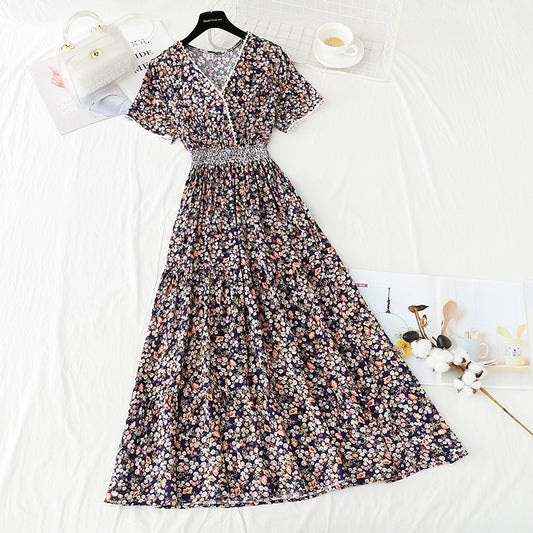 Holiday skirt with broken flowers, slim waist and long skirt with large hem  4246