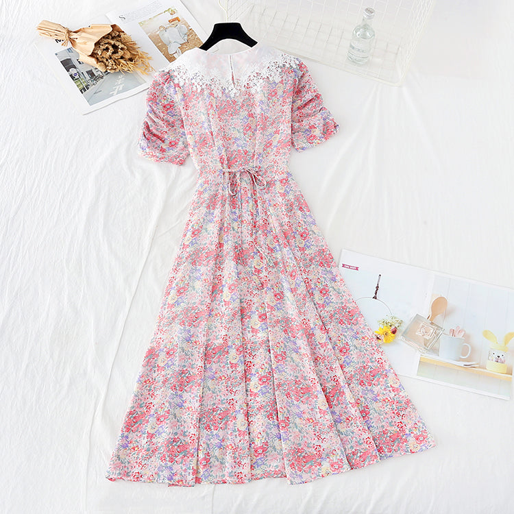 New lace Lapel temperament goddess style waist closing thin French long skirt  4630