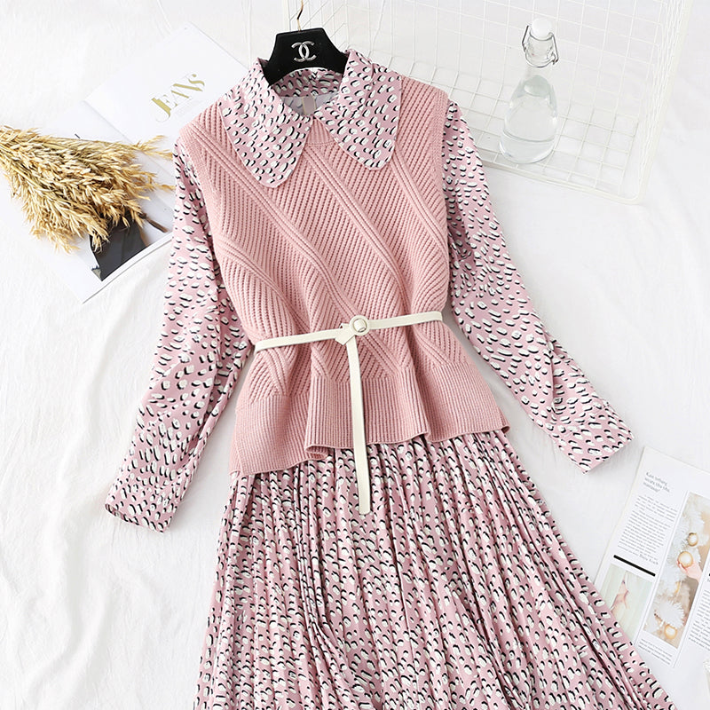 Sweater sweet baby Collar Chiffon Skirt Suit two-piece suit  3802