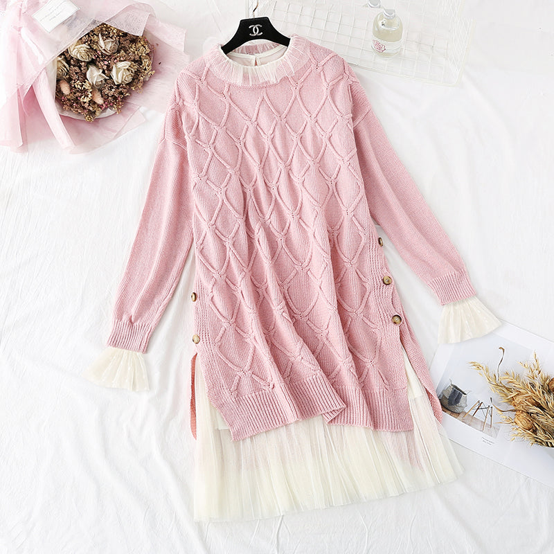 French retro Pullover + mesh bottomed skirt two-piece suit skirt  4454