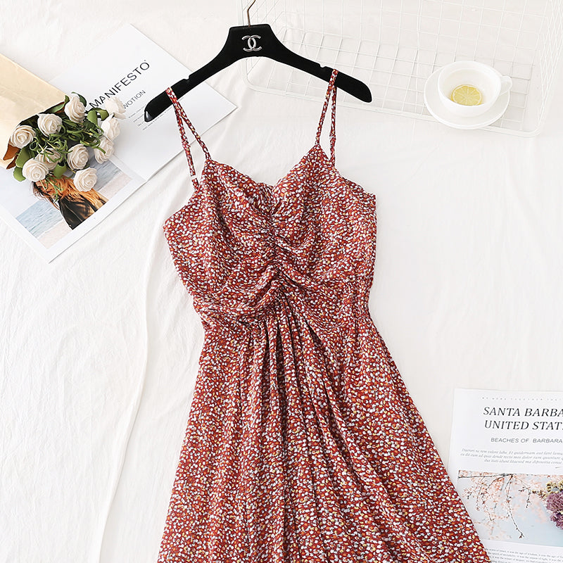 Broken flower suspender dress, super xiansen French style, slim waist  4111