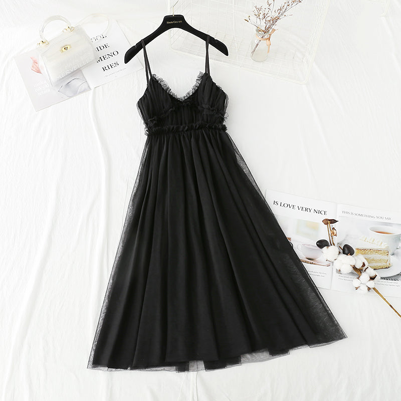 French sweet mesh dress temperament small black skirt with waist closed  4423