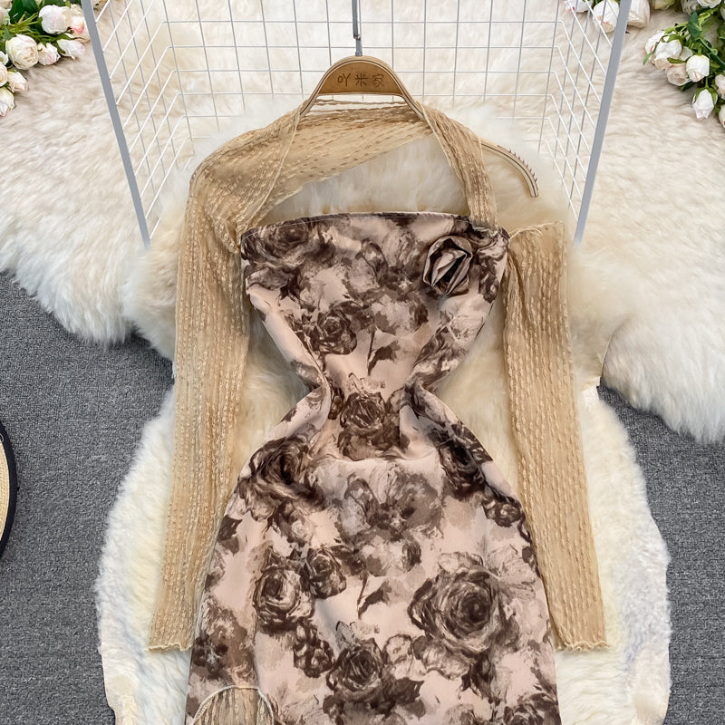 French fairy skirt super fairy rose printing gentle wind split skirt  3745