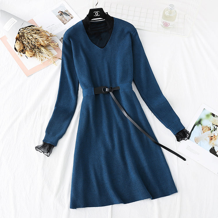 Sweater lace backing temperament fake two skirts  3796