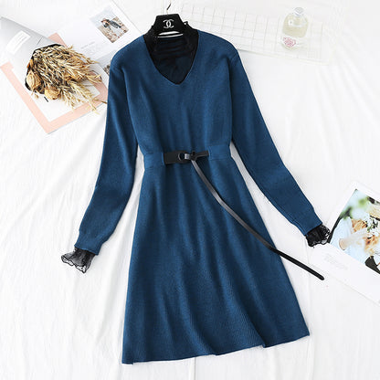 Sweater lace backing temperament fake two skirts  3796