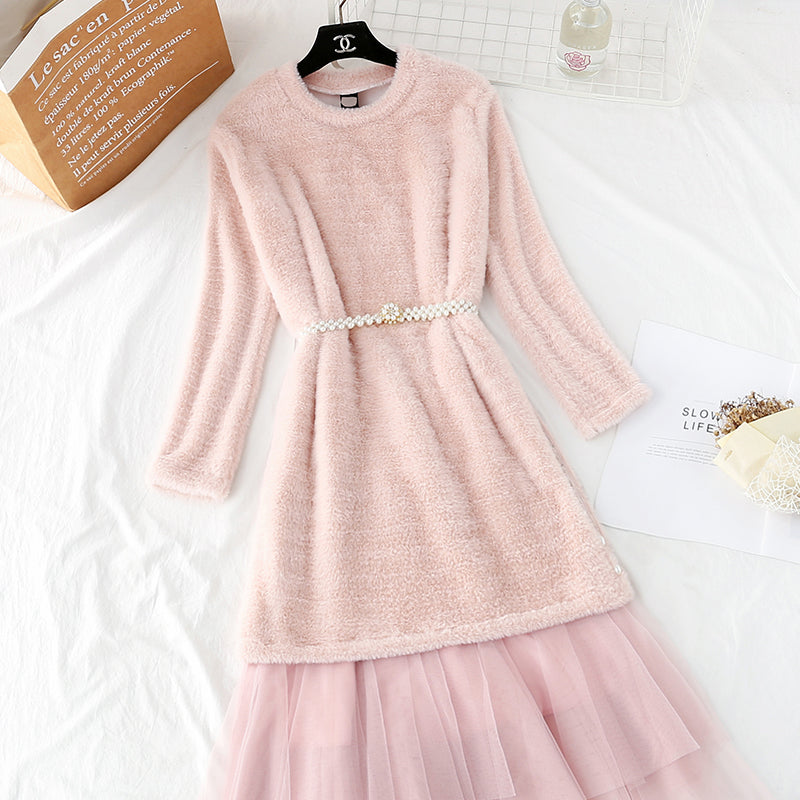 New mink sweater + women's mesh half skirt two-piece set  4310