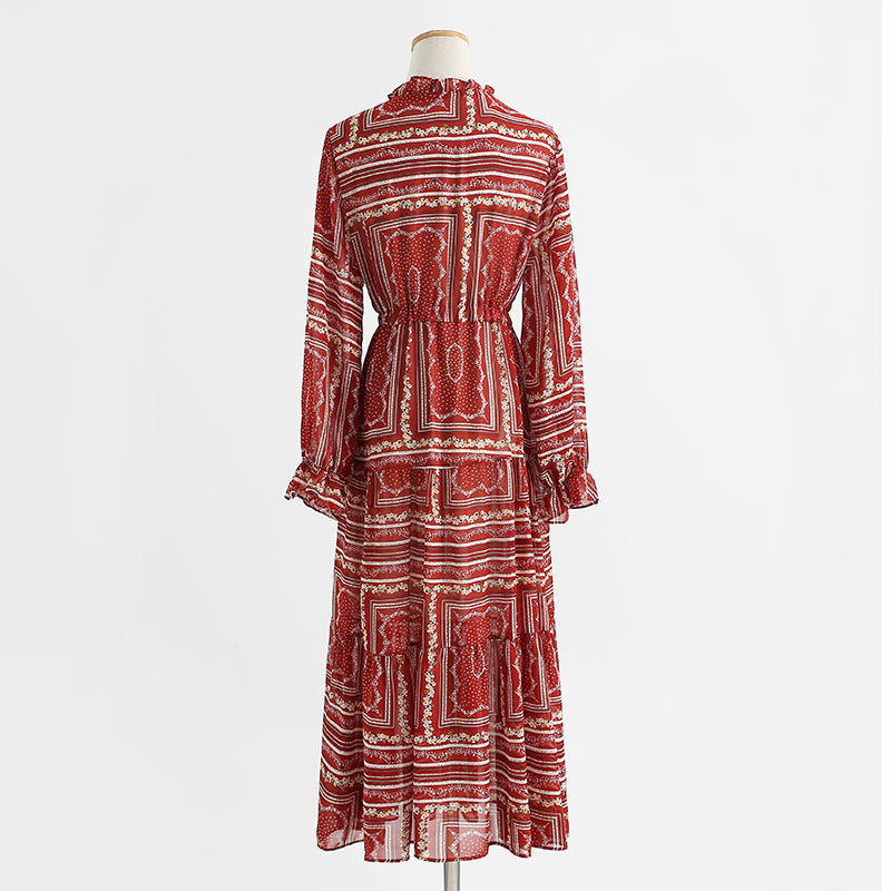 V-neck floral skirt elegant long sleeve dress  3739