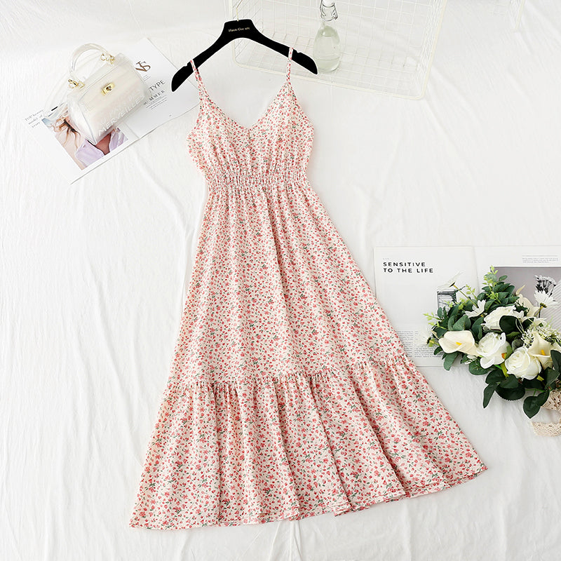 New sweet floral skirt French retro suspender dress  4123