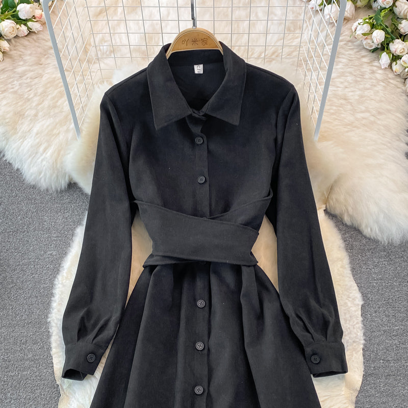 Corduroy bandage single breasted shirt skirt  3762