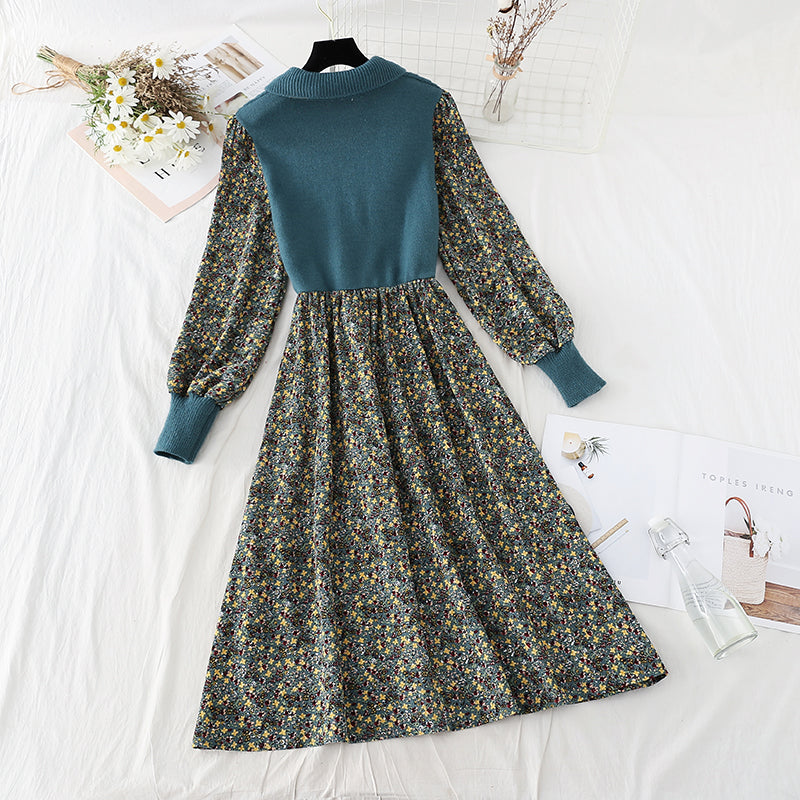 Patchwork lace up floral skirt slim elastic waist Corduroy Skirt  4086