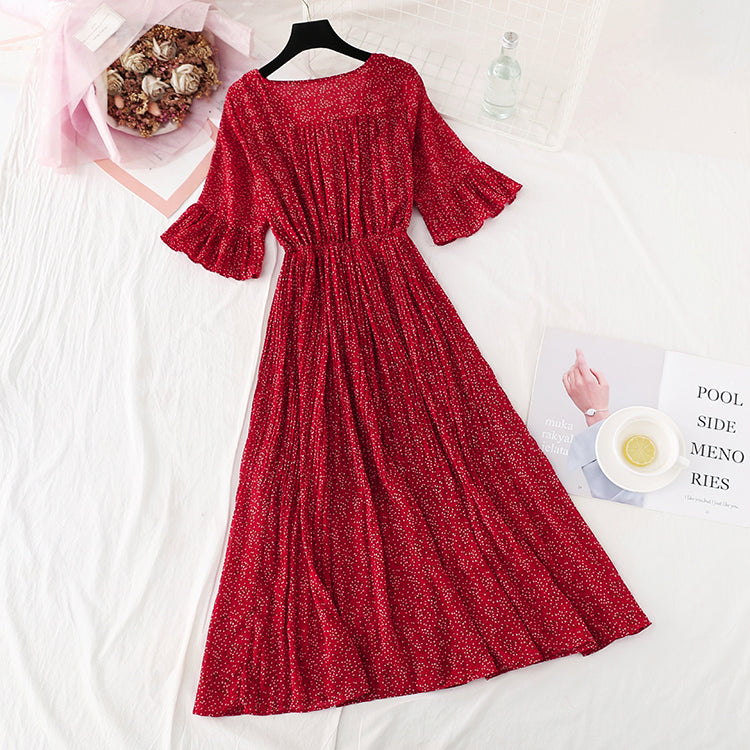 New French retro super fairy red Pleated Chiffon Long Skirt  4526