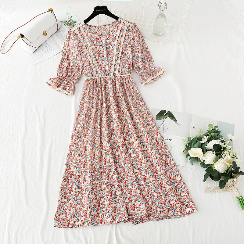 Lady floral dress tea break skirt French Vintage chiffon long skirt  4874