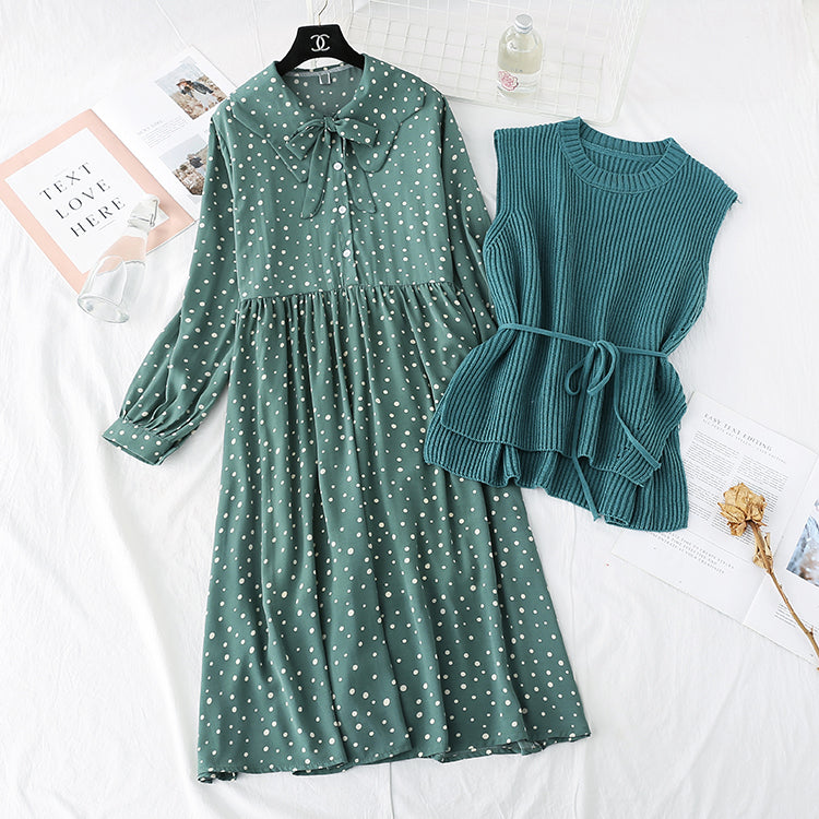 Knitted vest Sen sweater sweet wave point Chiffon Skirt Set two-piece set  3991