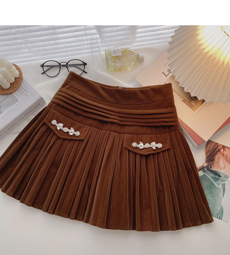 Golden velvet skirt, small design, decorative high waist A-line skirt  5334