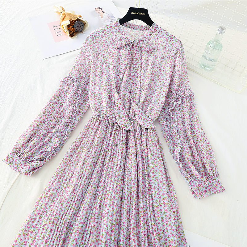 Bow tie Floral Chiffon slim dress  3886